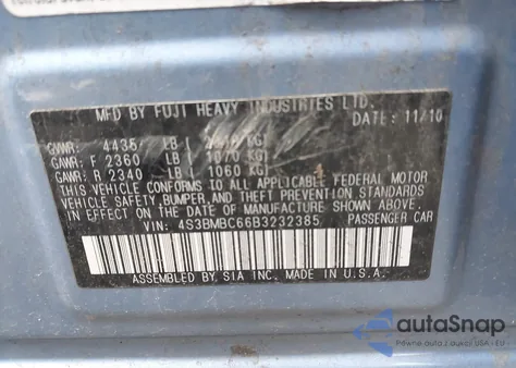 2011 Subaru Legacy 2.5I Premium z USA, uszkodzony, nr VIN 4S3BMBC66B3232385